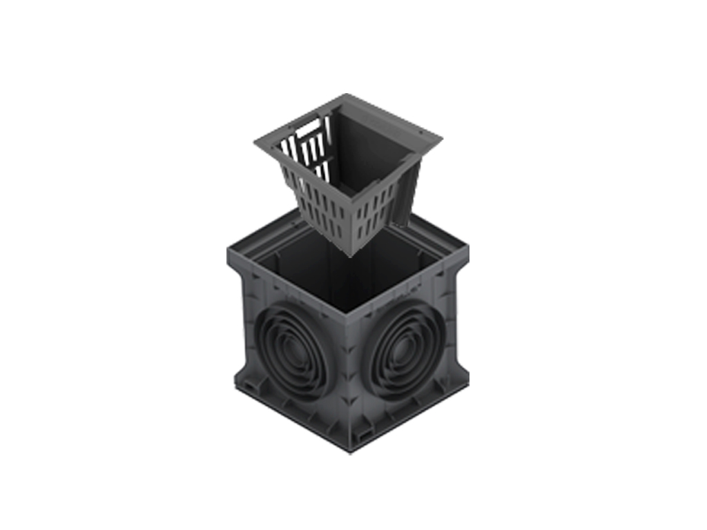 Пластиковый дождеприемник BASE 400X400, черный, с корзиной и гидрозатвором и выпусками D75-110-160-200-250 мм, класс нагрузки C250